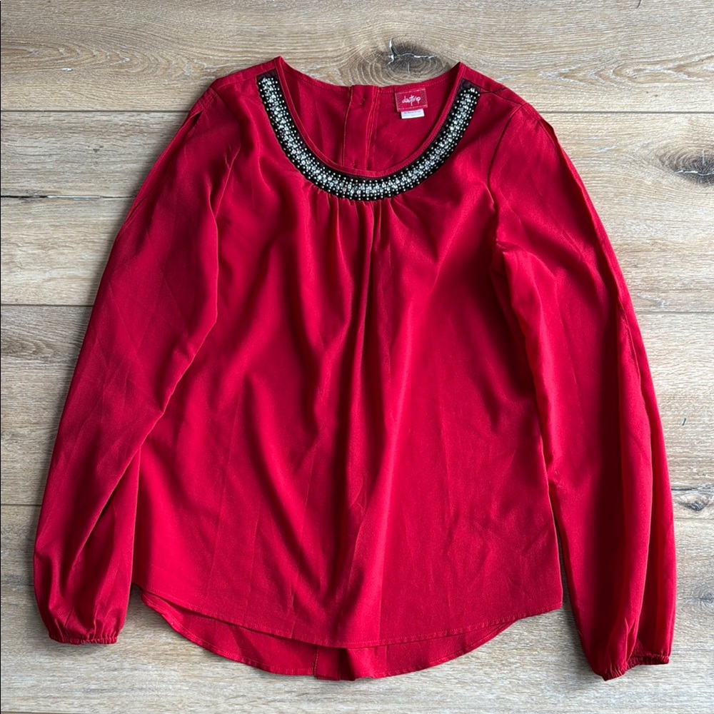 Elegant Red Blouse with Embellished Neckline
